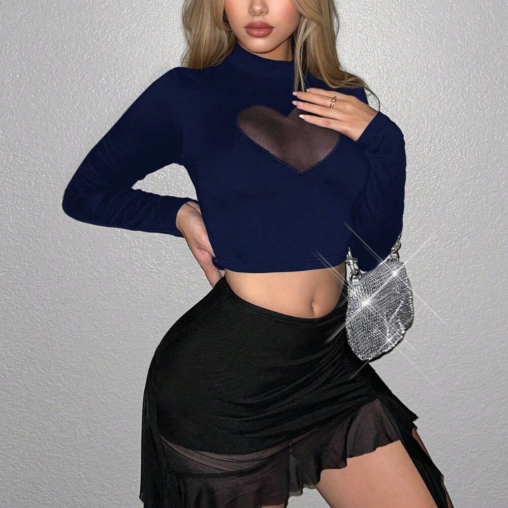 Navy Blue Casual Women's Y2k Mock Neck Heart Mesh Insert Club Crop Tee